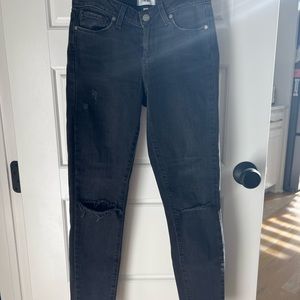 Paige Verdugo skinny distressed jeans in a dark charcoal gray.